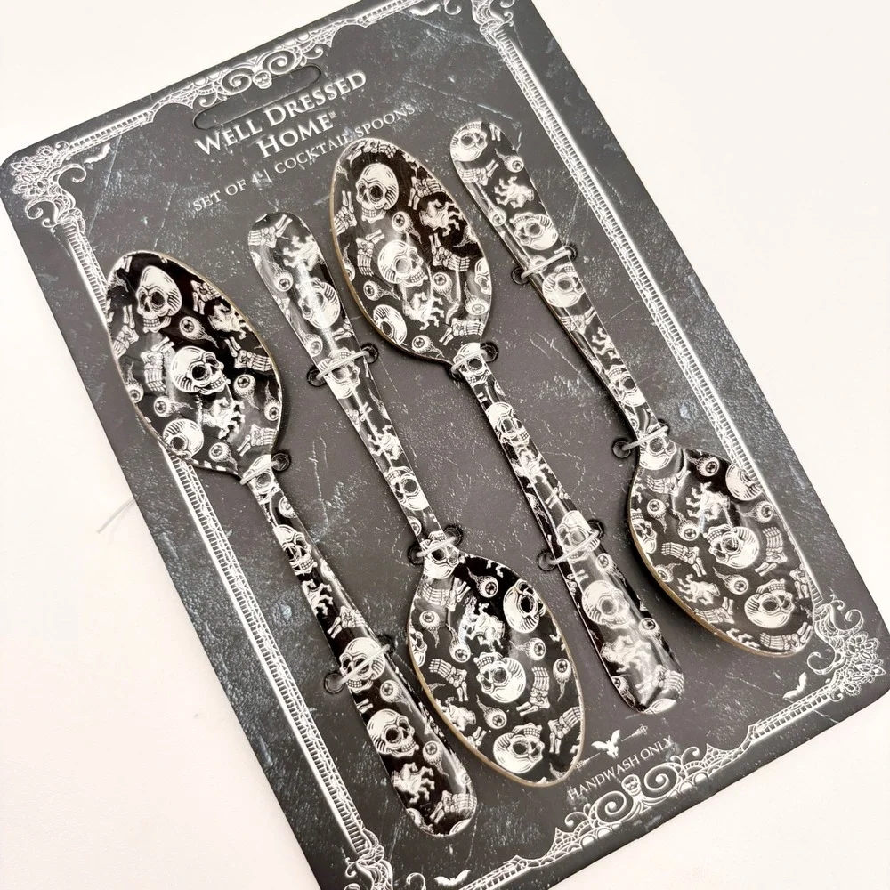 Well Dressed Home Set of 4 Skull Cocktail Spoons Black White Gold Gothic Goth